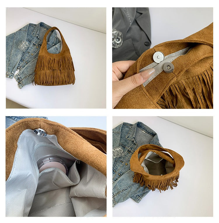 Bohemian Faux Suede Fringe Hobo Bag - Vintage Western Multi-Layer Tassel Large Capacity Shoulder Tote Purse