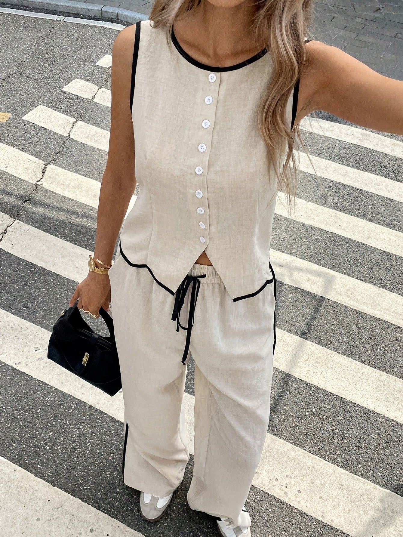 Riviera Contrast Piping Set | Tailored Button-Up Vest & Wide-Leg Pants