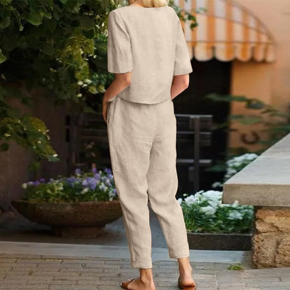 Ensemble assorti d'été minimaliste beige pour femme – Tunique chic en coton et lin et pantalon sarouel ceinturé, tenue 2 pièces légère pour le quotidien
