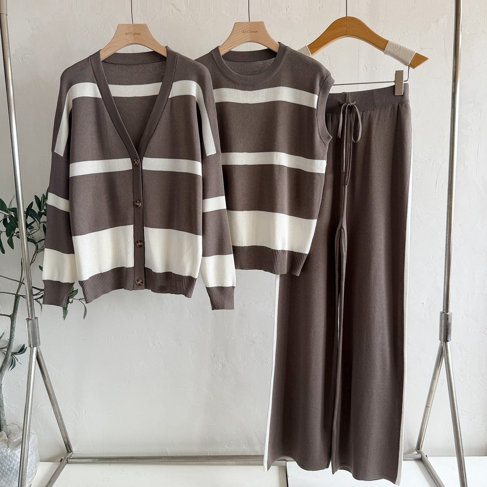 Mercerized Cotton Striped Knit 3-Piece Set | V-Neck Button Cardigan Sleeveless Vest Sweater & Wide Leg Pants Suit