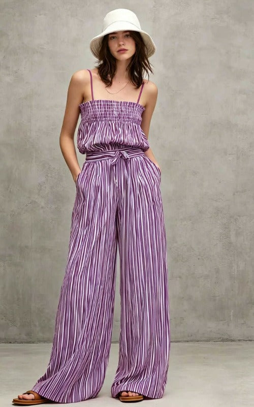 Chic Vertical Stripe Co-ord Set for Women - Smocked Camisole and Breezy Trousers