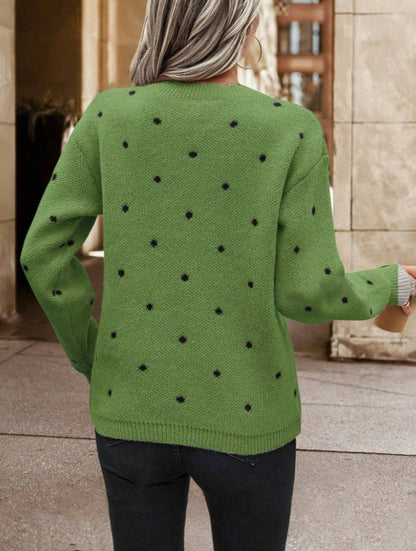 Women's Polka Dot Jacquard Knit Sweater | Casual Round Neck Long Sleeve Pullover Top