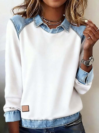 Women's Denim Patchwork Sweatshirt | Casual Polo Collar Long Sleeve Fake Two-Piece Jumper