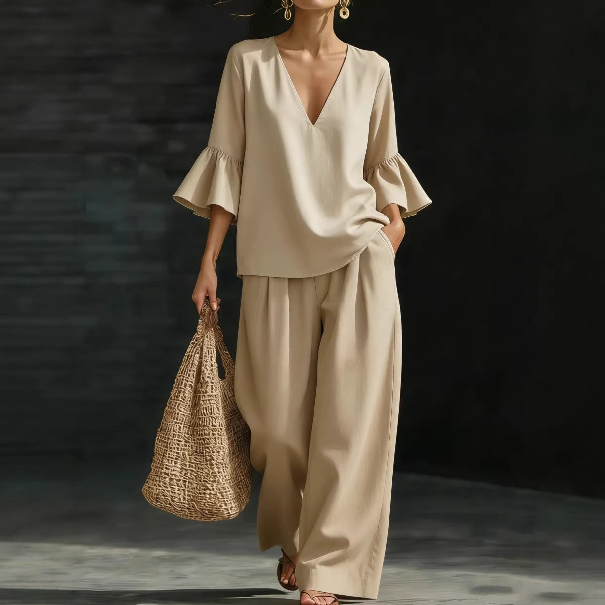 Ensembles deux pièces en lin pour femmes – Haut élégant à col en V et manches cloche à volants et pantalon large, ensemble décontracté d'été pour la maison
