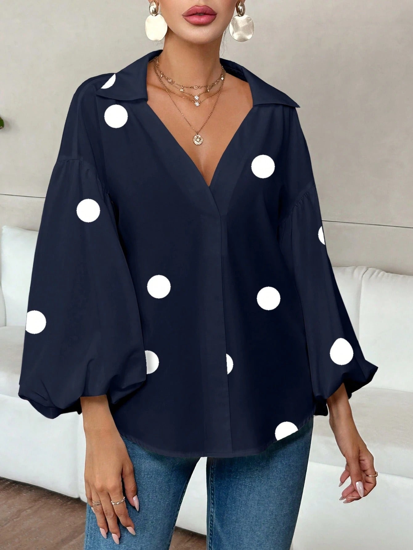 Polka Dot V-Neck Lantern Sleeve Blouse | Loose Fit Elegant Casual Pleated Shirt Top