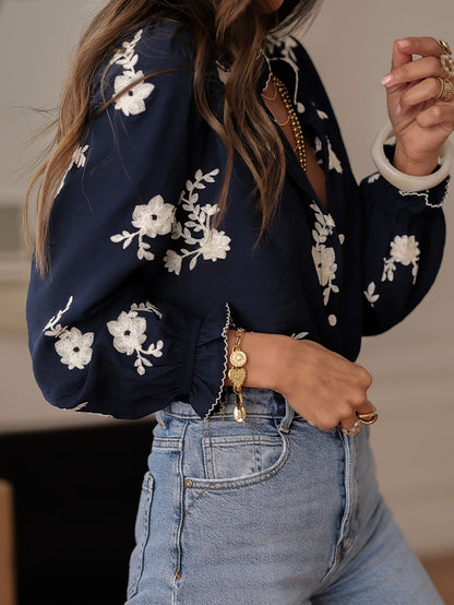 Vintage Floral Embroidered Blouse - Elegant Long Sleeve V-Neck Button-Down Shirt for Women