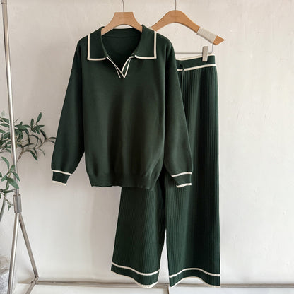 Old Money Contrast Polo Knit 2-Piece Set | Casual High Waist Slimming Wide Leg Pants Suit