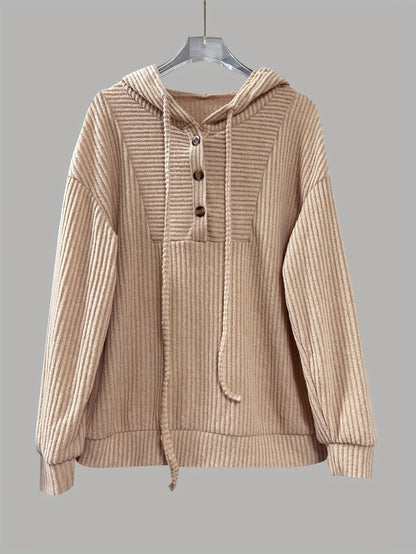 Women's Ribbed Knit Hoodie Pullover | Casual V-Neck Button Front Long Sleeve Sweatshirt