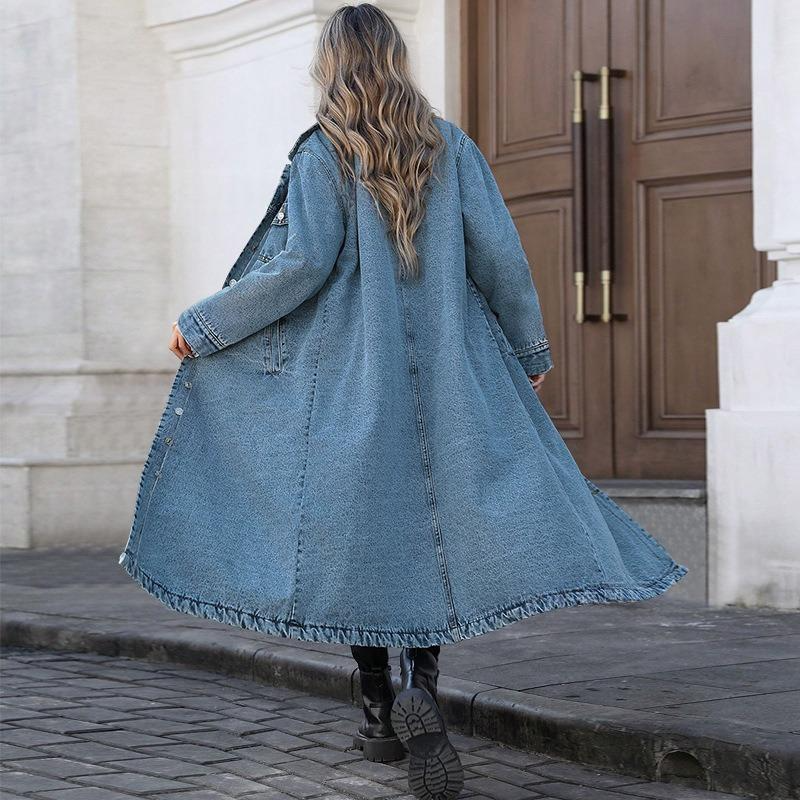 Maxi Denim Trench Coat for Women - Casual Long Sleeve Turn-Down Collar Washed Winter Duster Jacket