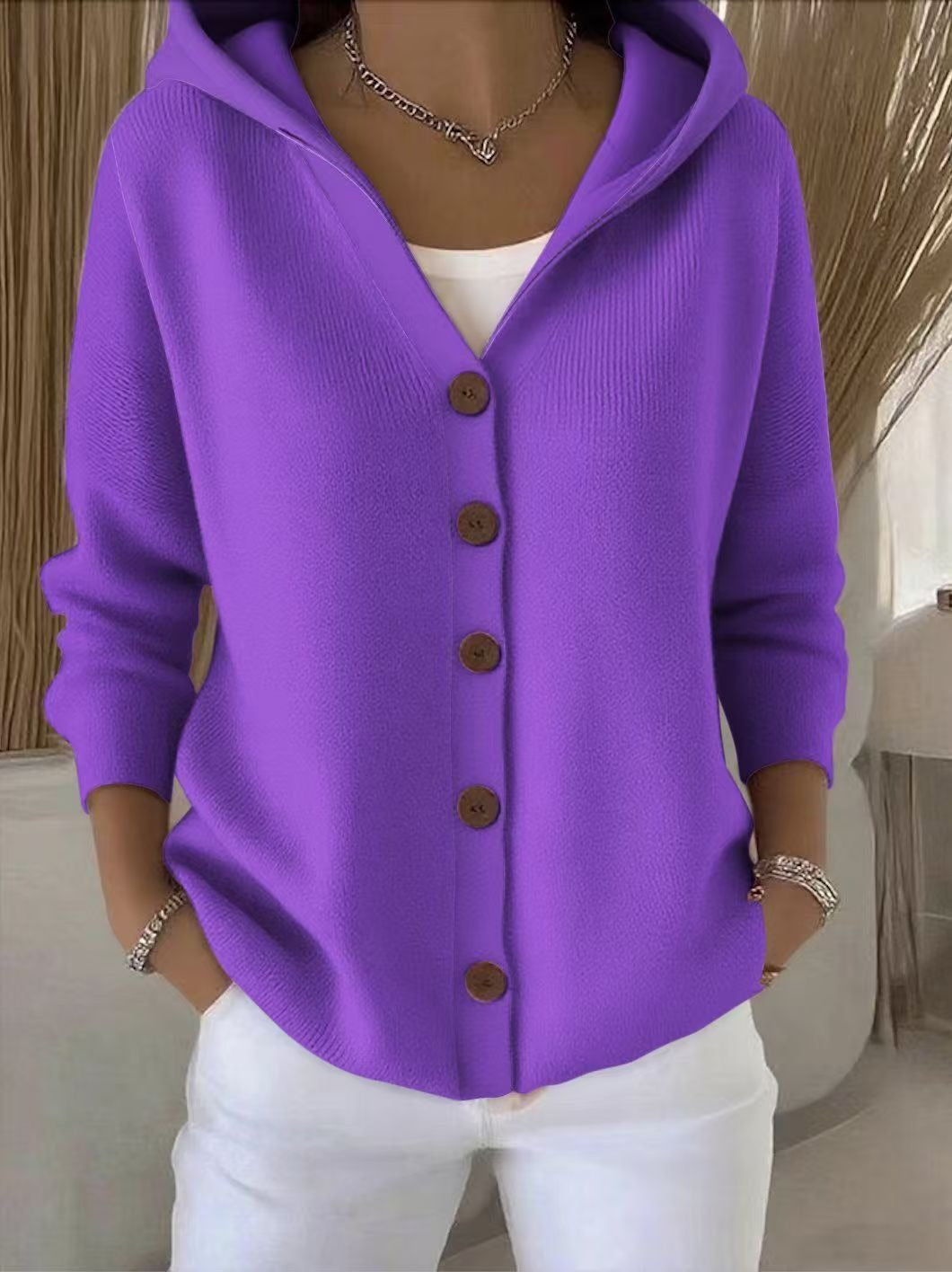 Women's Hooded Knitted Cardigan | Casual Button Down Solid Color Long Sleeve Sweater Coat