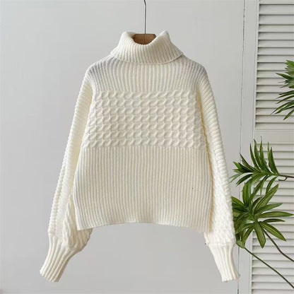 Chic Cable Knit Turtle Neck Sweater - Slouchy Lantern Sleeve Solid Pullover Knitwear