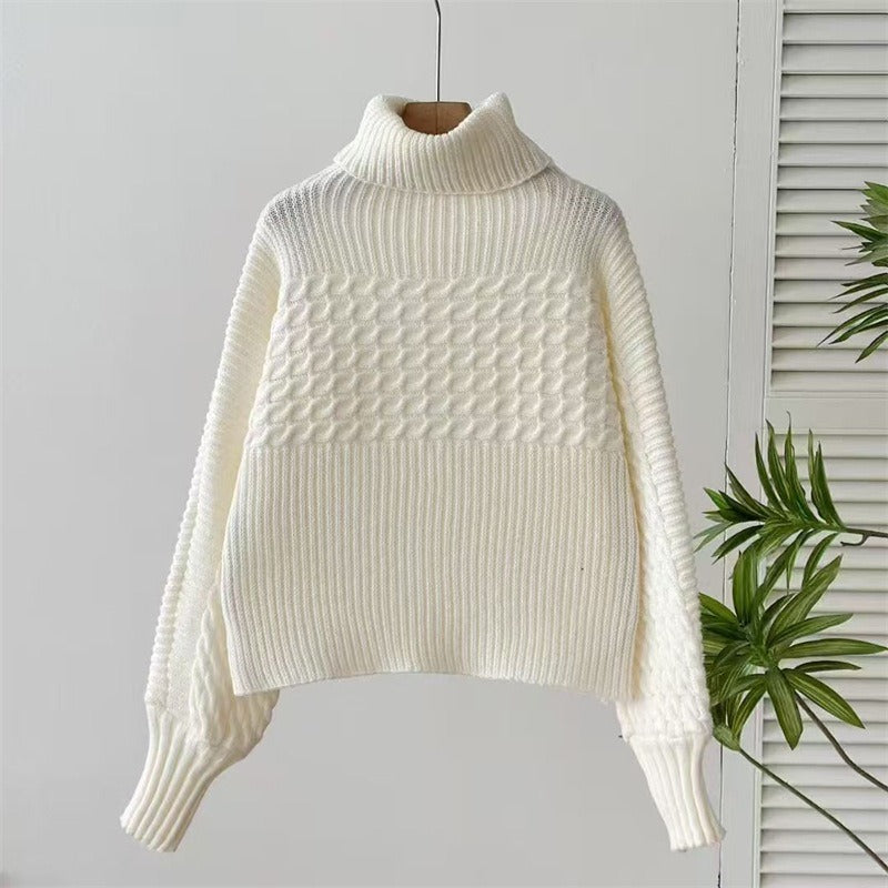 Chic Cable Knit Turtle Neck Sweater - Slouchy Lantern Sleeve Solid Pullover Knitwear