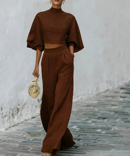 Elegant Two-Piece Matching Set - Mock Neck Crop Top & High-Waist Wide Leg Pants Set
