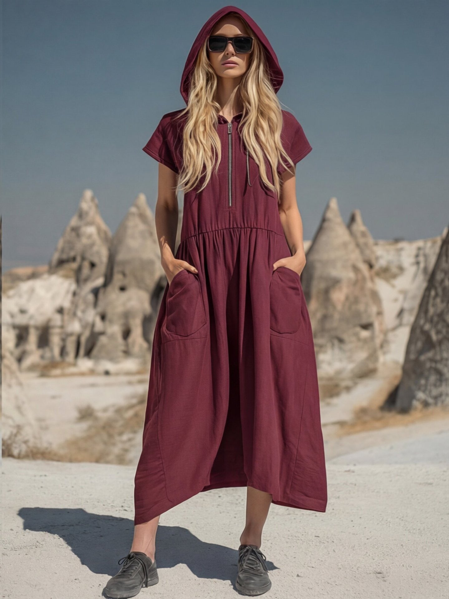 Women's Hooded Maxi Dress - Casual Short Sleeve Zipper Loose Long Dress