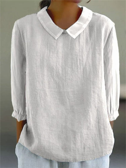 Chemise décontractée unie en coton et lin à manches 3/4 pour femme