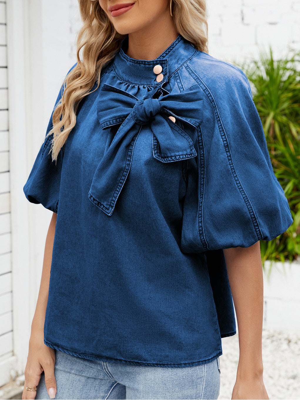 Designer Puff Half Sleeve Denim Shirt - Retro Mock Neck Tie-Front Blouse for Women
