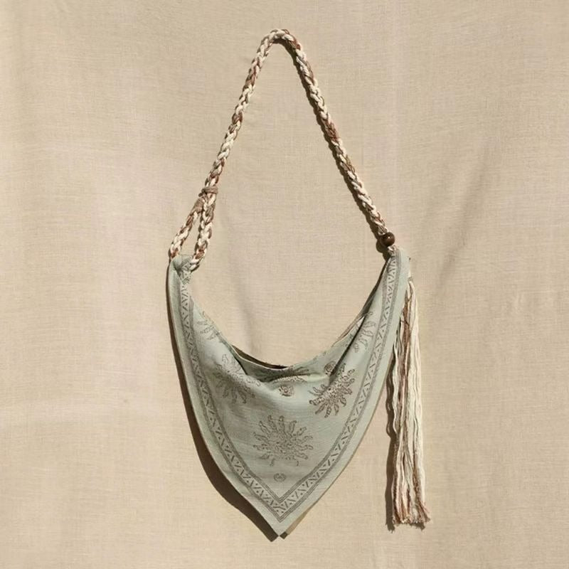 Bohemian Linen Tote Bag - Vintage Tribal Geometric Beach Shoulder Purse & Slouchy Triangle Handbag