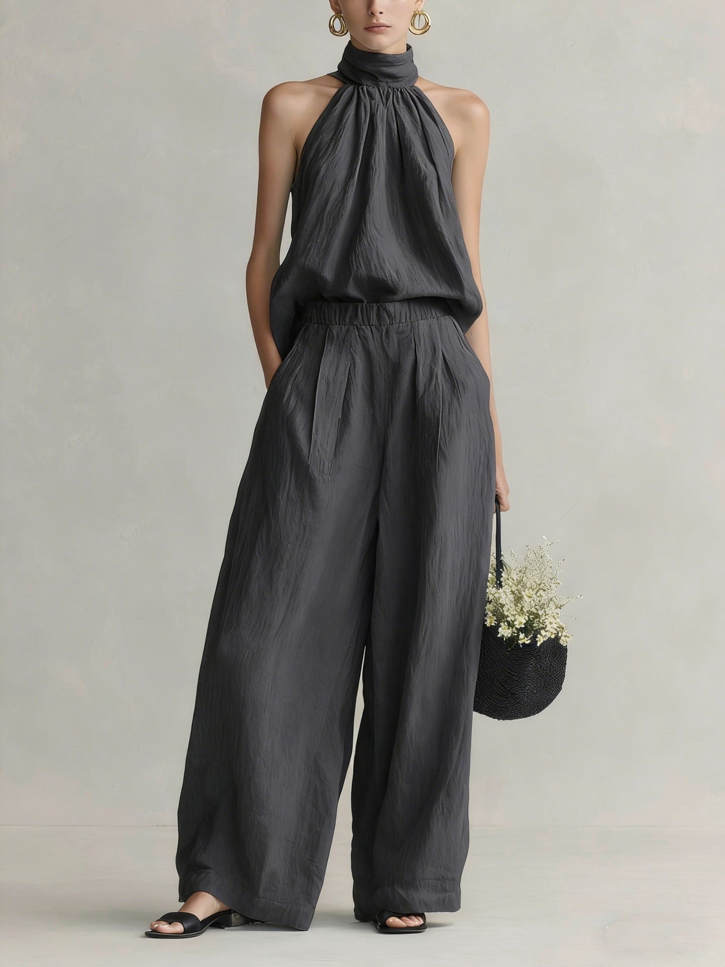 Chic Halter Neck Sleeveless Top & High-Waist Wide Leg Pants 2-Piece Linen Blend Lounge Set