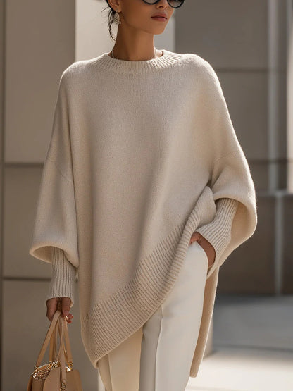 Premium Faux Cashmere Poncho Sweater - Slouchy Batwing Sleeve Crewneck Loose Pullover Plus Size