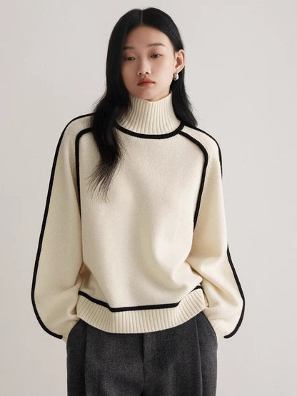 Elegant Raglan Sleeve Mock Neck Sweater - Contrast Piping Ribbed Knit Base Layer Top