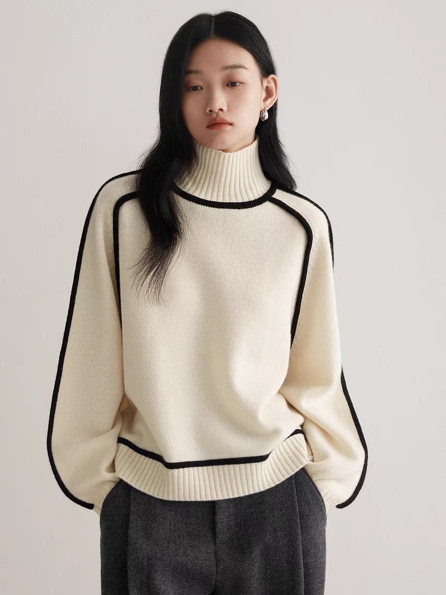 Elegant Raglan Sleeve Mock Neck Sweater - Contrast Piping Ribbed Knit Base Layer Top