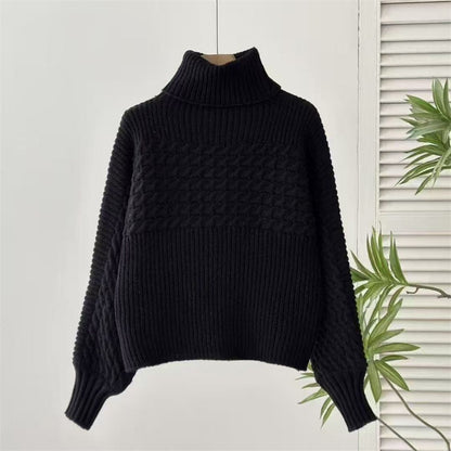 Chic Cable Knit Turtle Neck Sweater - Slouchy Lantern Sleeve Solid Pullover Knitwear