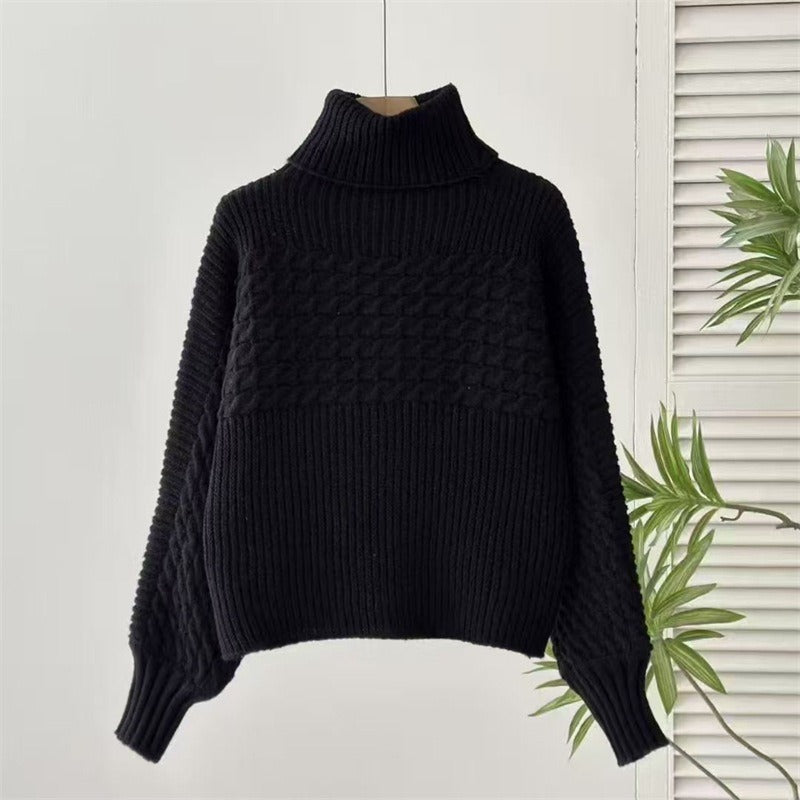 Chic Cable Knit Turtle Neck Sweater - Slouchy Lantern Sleeve Solid Pullover Knitwear