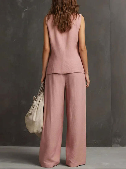 Ensemble chic coordonné d'été pour femme – Gilet en lin rose poudré et pantalon palazzo fluide, tenue de villégiature élégante deux pièces