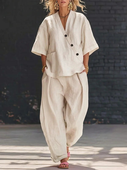 Ensembles deux pièces en lin pour femme – Haut asymétrique à manches courtes boutonné et pantalon ample coupe sarouel, ensemble coordonné décontracté d'été