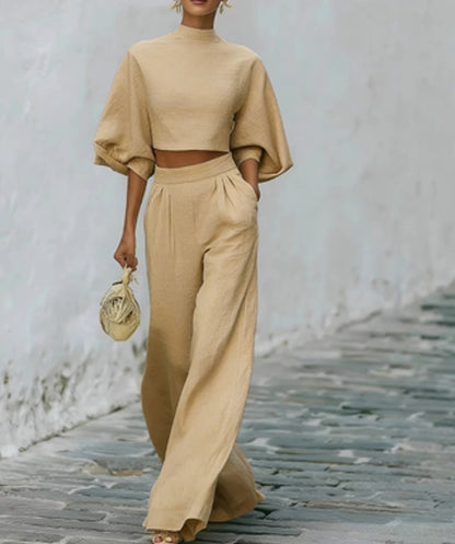 Elegant Two-Piece Matching Set - Mock Neck Crop Top & High-Waist Wide Leg Pants Set