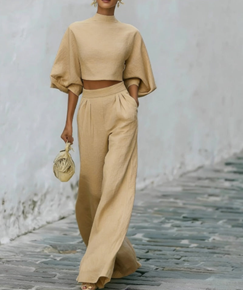 Elegant Two-Piece Matching Set - Mock Neck Crop Top & High-Waist Wide Leg Pants Set