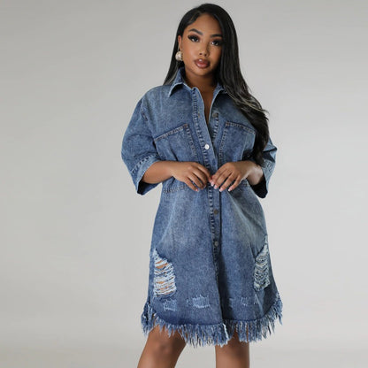 Women's Ripped Denim Shirt Dress | Loose Fit Short Sleeve Washed Jean Jacket Outwear with Fringed Hem
