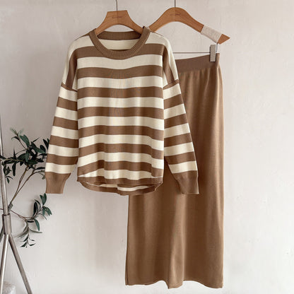 Old Money Striped Knit 2-Piece Set | Casual Loose Crew Neck Sweater & High Waist Long Maxi Skirt Suit