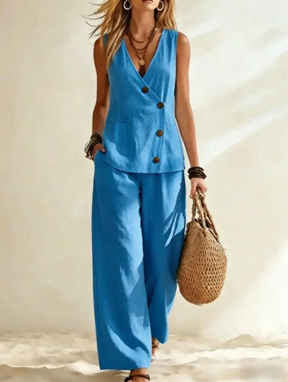 Women's Asymmetric Button Linen-Look Vest 2-Piece Set | Casual Sleeveless Top & Wide Leg Pants Suit