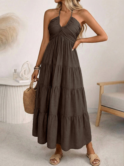 Bohemian Halter Neck Backless Maxi Dress - Ruched V-Neck Tiered Summer Beach Resort Long Sun Dress