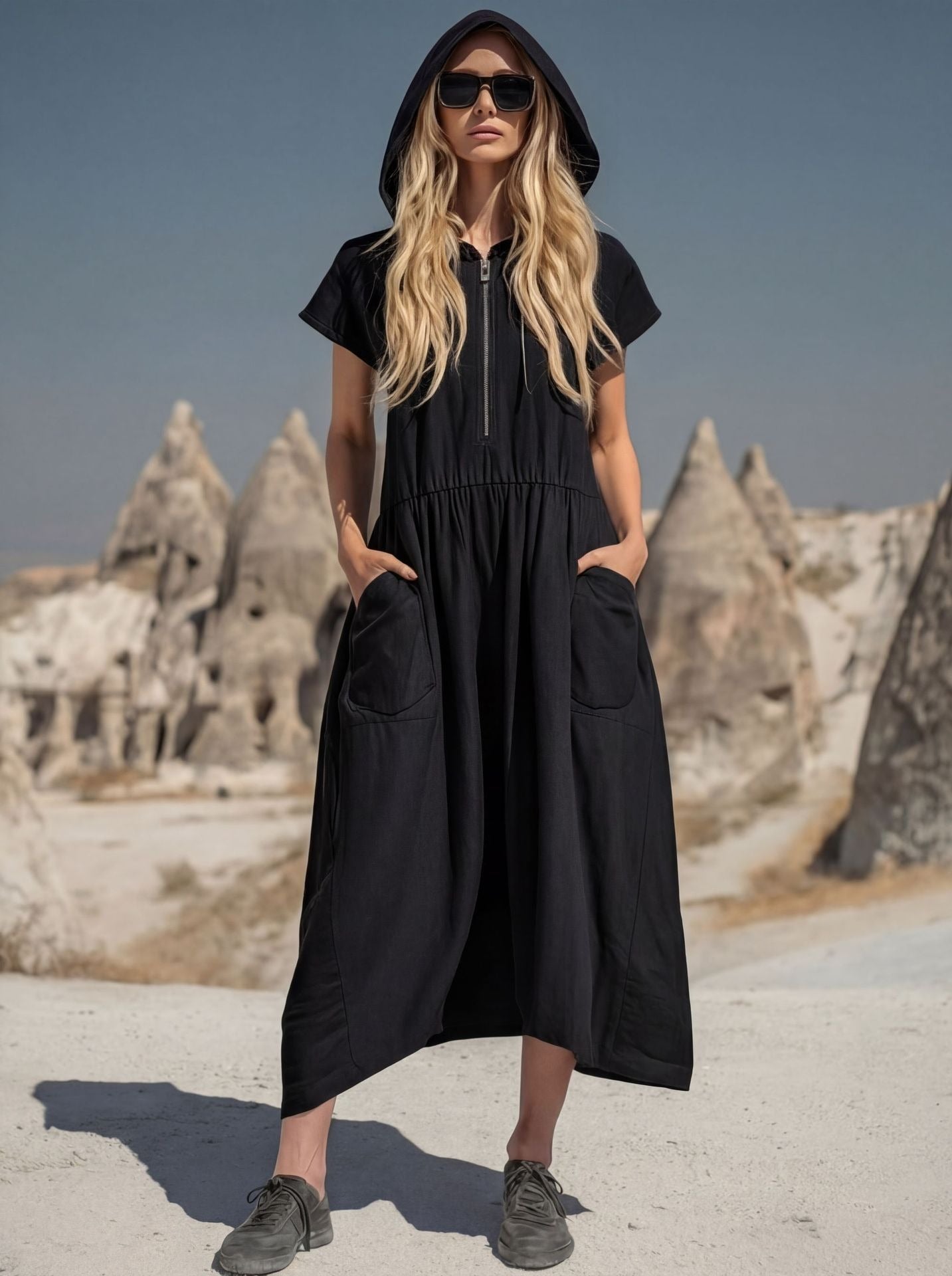 Women's Hooded Maxi Dress - Casual Short Sleeve Zipper Loose Long Dress