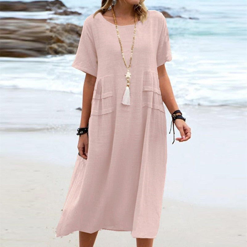 Boho Chic Blue Summer Dress for Women – Elegant Round Neck Tiered Tunic Dress, Breezy Minimalist Resort Wear Midi Gown