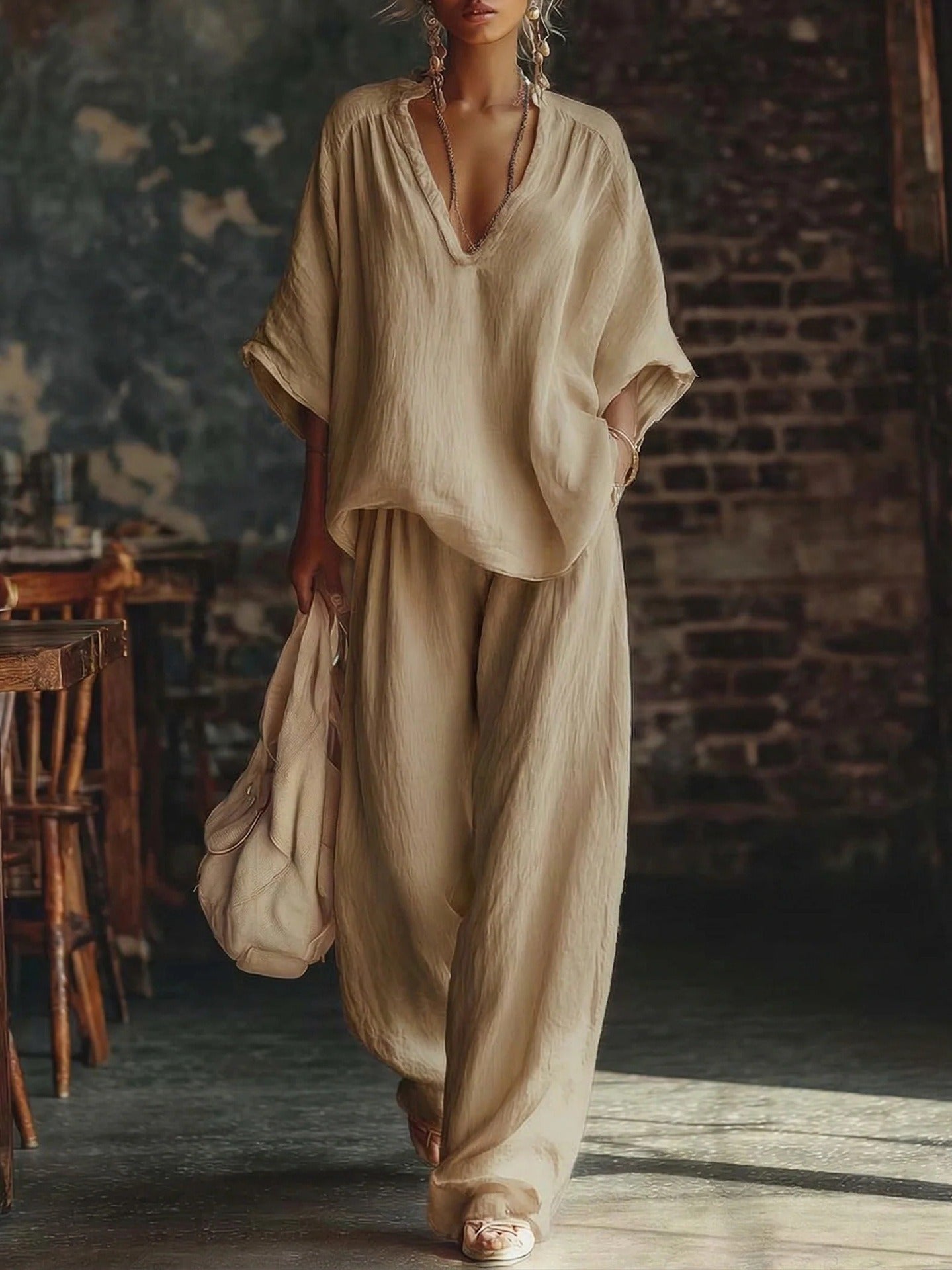 Ensemble d'été Bohème Chic pour Femme – Top ample à manches chauve-souris et Pantalon Palazzo Fluide, Tenue deux pièces de style station balnéaire, aux couleurs vives