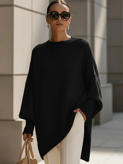 Premium Faux Cashmere Poncho Sweater - Slouchy Batwing Sleeve Crewneck Loose Pullover Plus Size