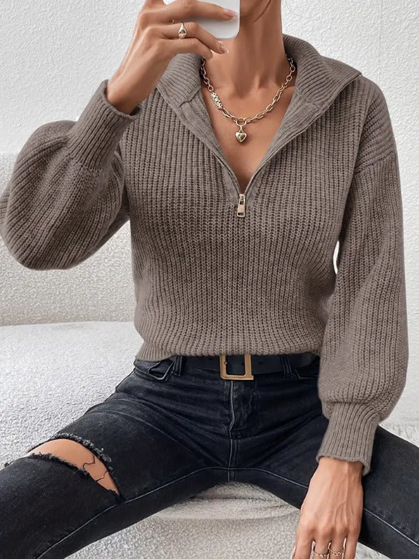 Women's Half Zip Ribbed Knit Sweater | Casual Polo Collar Long Sleeve Pullover Top