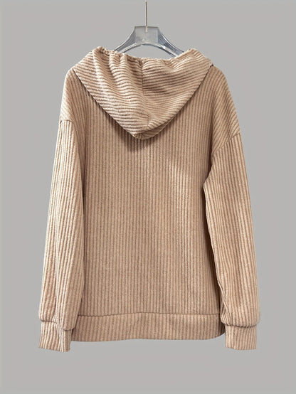 Women's Ribbed Knit Hoodie Pullover | Casual V-Neck Button Front Long Sleeve Sweatshirt