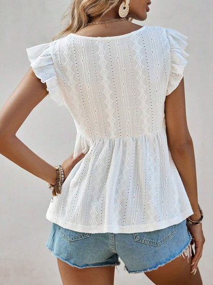 Eyelet Lace V-Neck Ruffle Blouse | Embroidered Short Sleeve Casual Babydoll Shirt Top