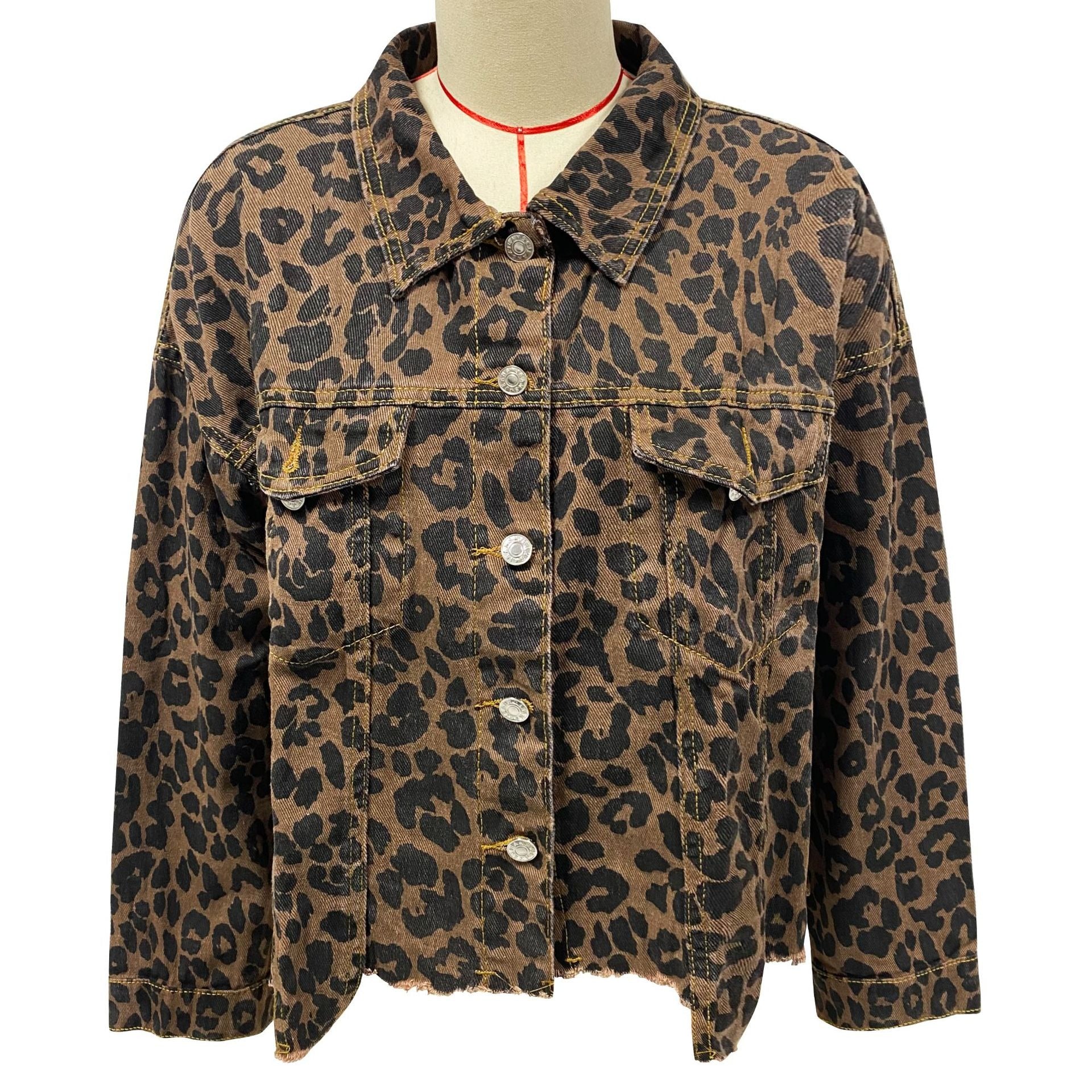 Women's Leopard Print Denim Jacket | Casual Long Sleeve Loose Crop Jean Coat