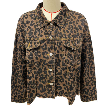 Women's Leopard Print Denim Jacket | Casual Long Sleeve Loose Crop Jean Coat