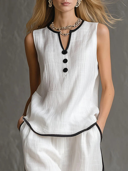 Chic Contrast Trim Knit Lounge Set - Sleeveless V-Neck Tank Top & High-Waist Wide Leg Pants 2-Piece Set