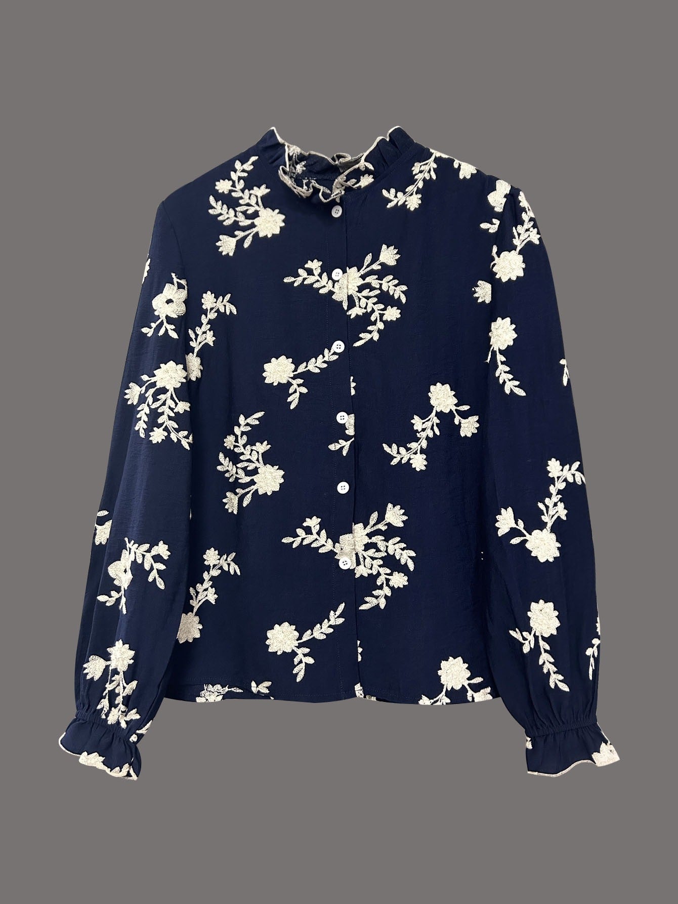 Vintage Floral Embroidered Blouse - Elegant Long Sleeve V-Neck Button-Down Shirt for Women