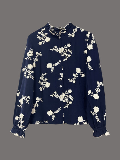 Vintage Floral Embroidered Blouse - Elegant Long Sleeve V-Neck Button-Down Shirt for Women