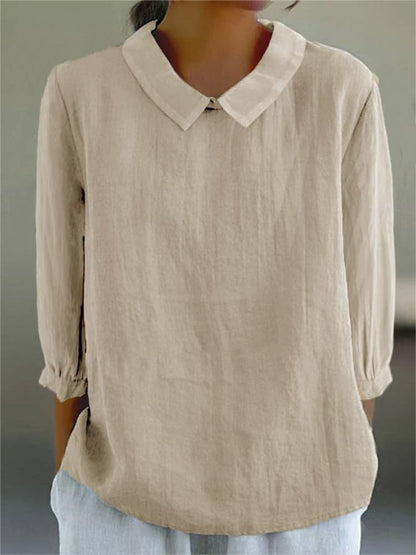 Chemise décontractée unie en coton et lin à manches 3/4 pour femme