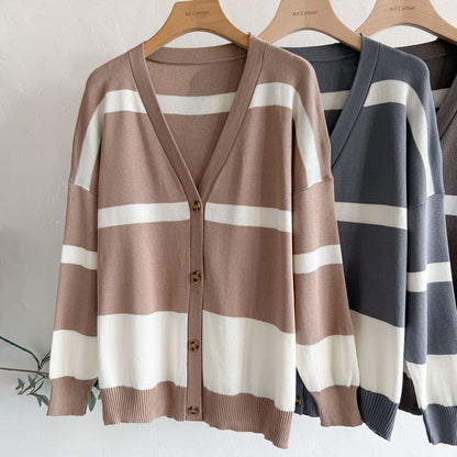 Mercerized Cotton Striped Knit 3-Piece Set | V-Neck Button Cardigan Sleeveless Vest Sweater & Wide Leg Pants Suit