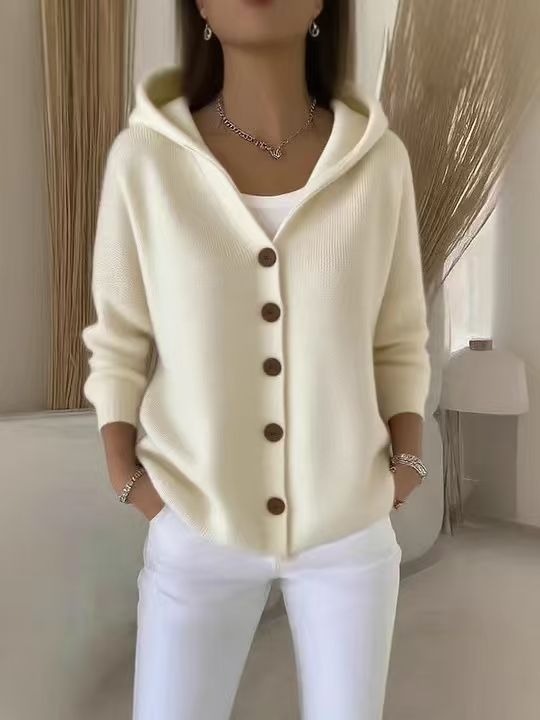Women's Hooded Knitted Cardigan | Casual Button Down Solid Color Long Sleeve Sweater Coat